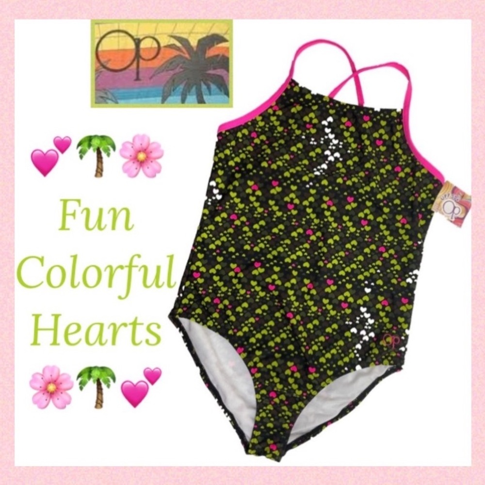 Girls Swimsuit One Piece Bathing Suit Hearts Summer Beach Pool Green Pink White